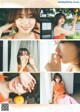 A collage of photos of a woman in an orange dress.