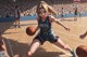 A woman dribbling a basketball on a basketball court.